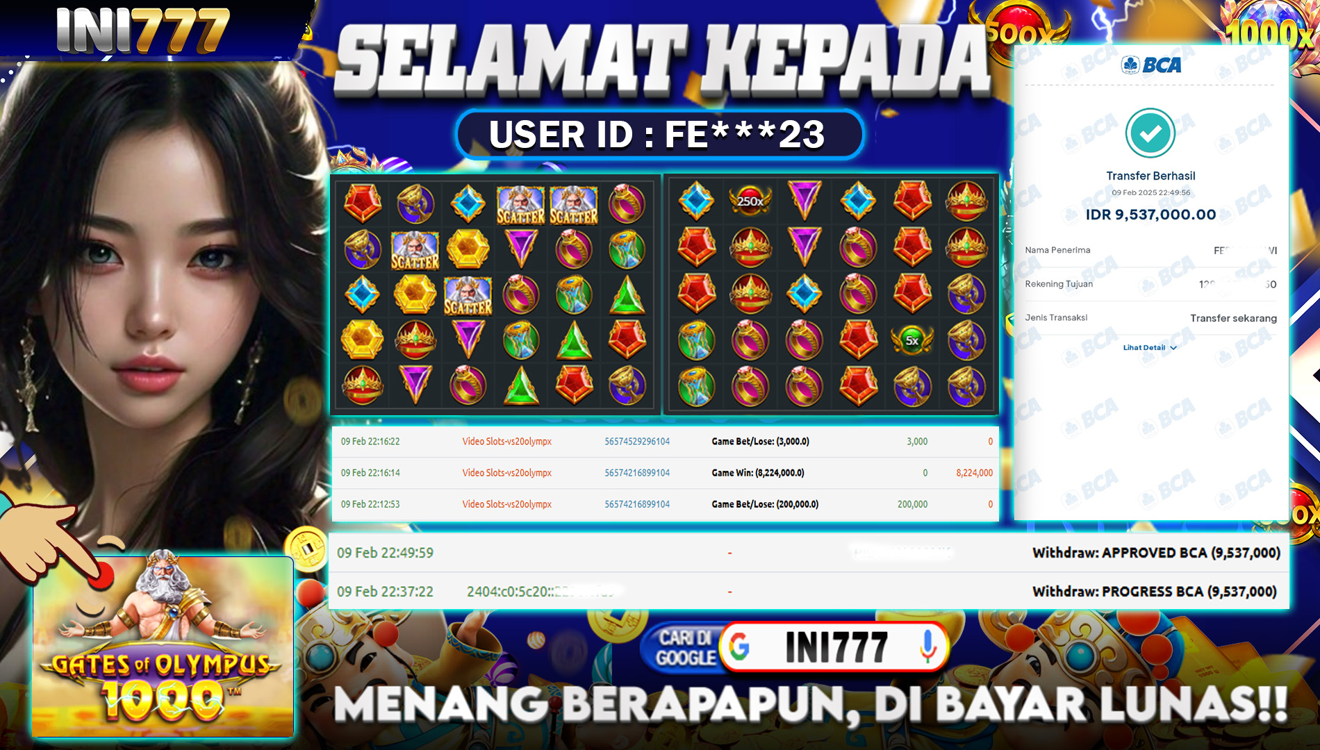 INI777 di Game Slot Gates of Olympus 1000 RP.9.537.000 LUNAS