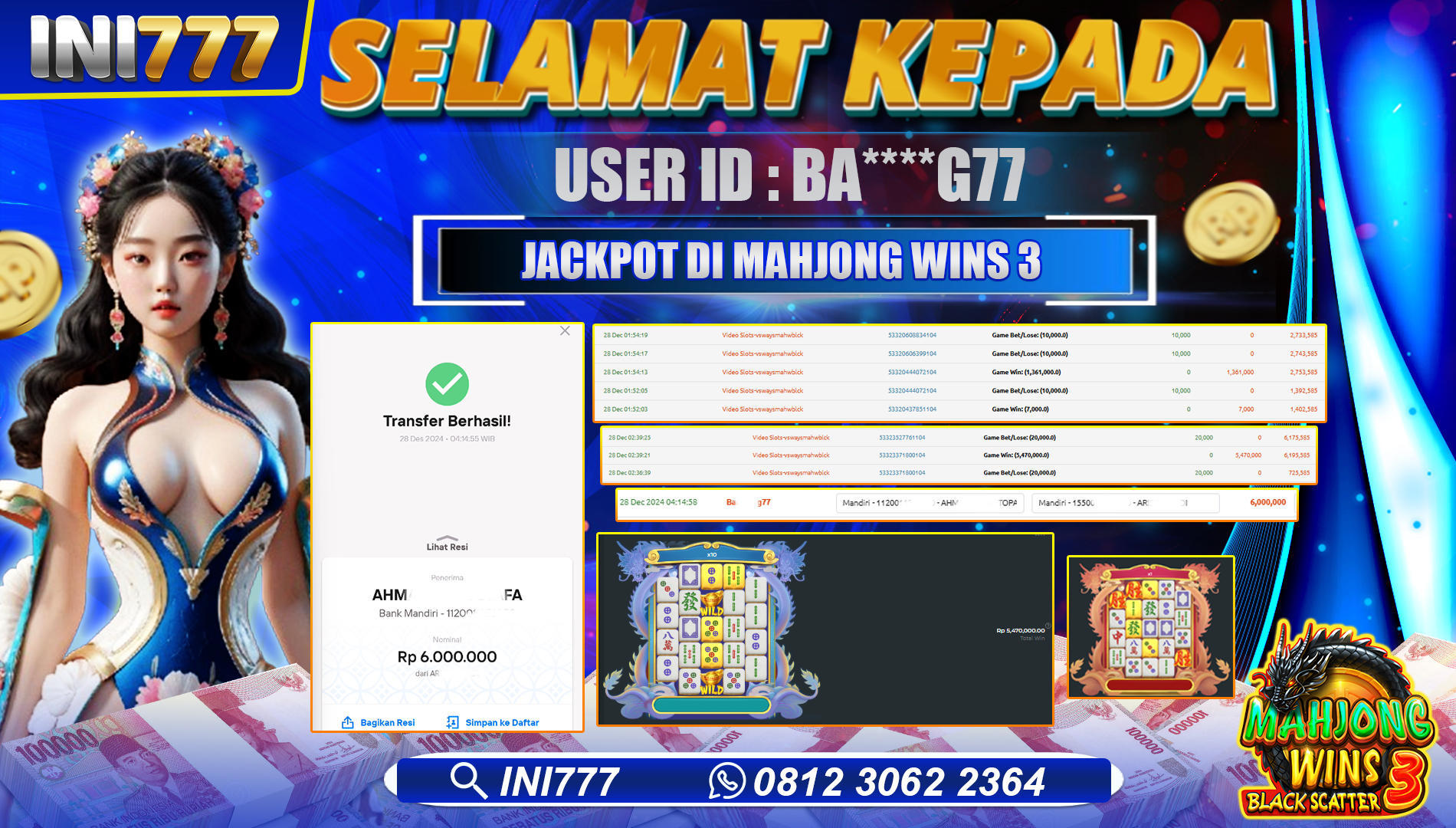 INI777 di Game Slot Mahjong Wins Black 3 RP.6.000.000 LUNAS