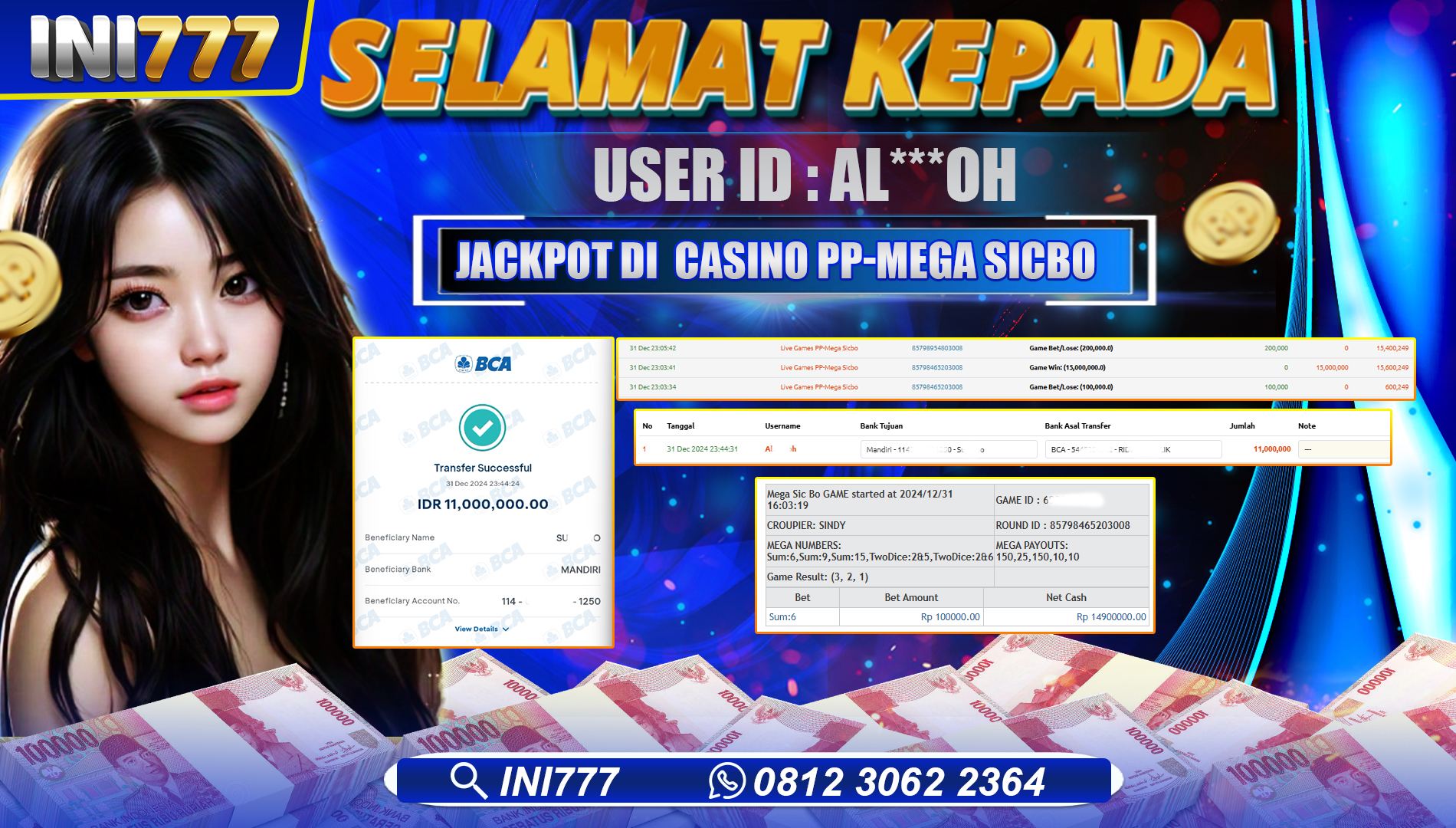 INI777 di Live Casino PP-Mega Sicbo RP.11.000.000 LUNAS